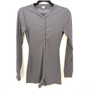 Garage Ribbed S Grey Long Sleeve Henley Bodycon Romper Cozy   Loungewear